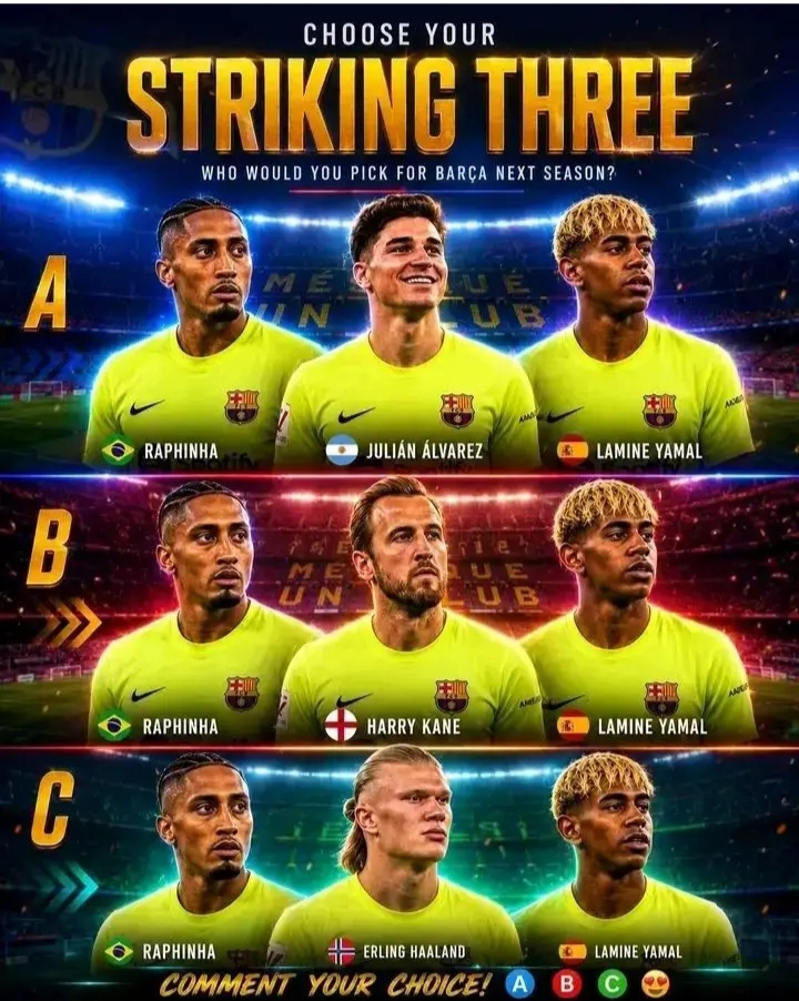 🚨💣🔵 BARÇA STRIKING THREE BOMBSHELL! 🔥⚽ THE ULTIMATE ATTACKING DREAM TEAM DEBATE EXPLODES! 👑🏆 RAPHINHA, LAMINE YAMAL, JULIÁN ÁLVAREZ, HARRY KANE OR ERLING HAALAND — WHO SHOULD LEAD BARCELONA’S NEXT ERA OF DOMINANCE? 😱🌍🔥 THREE DEADLY COMBINATIONS, ONE UNSTOPPABLE QUESTION: WHICH FRONT THREE WOULD TERRIFY EUROPE THE MOST? 💥⚽🔵🔴